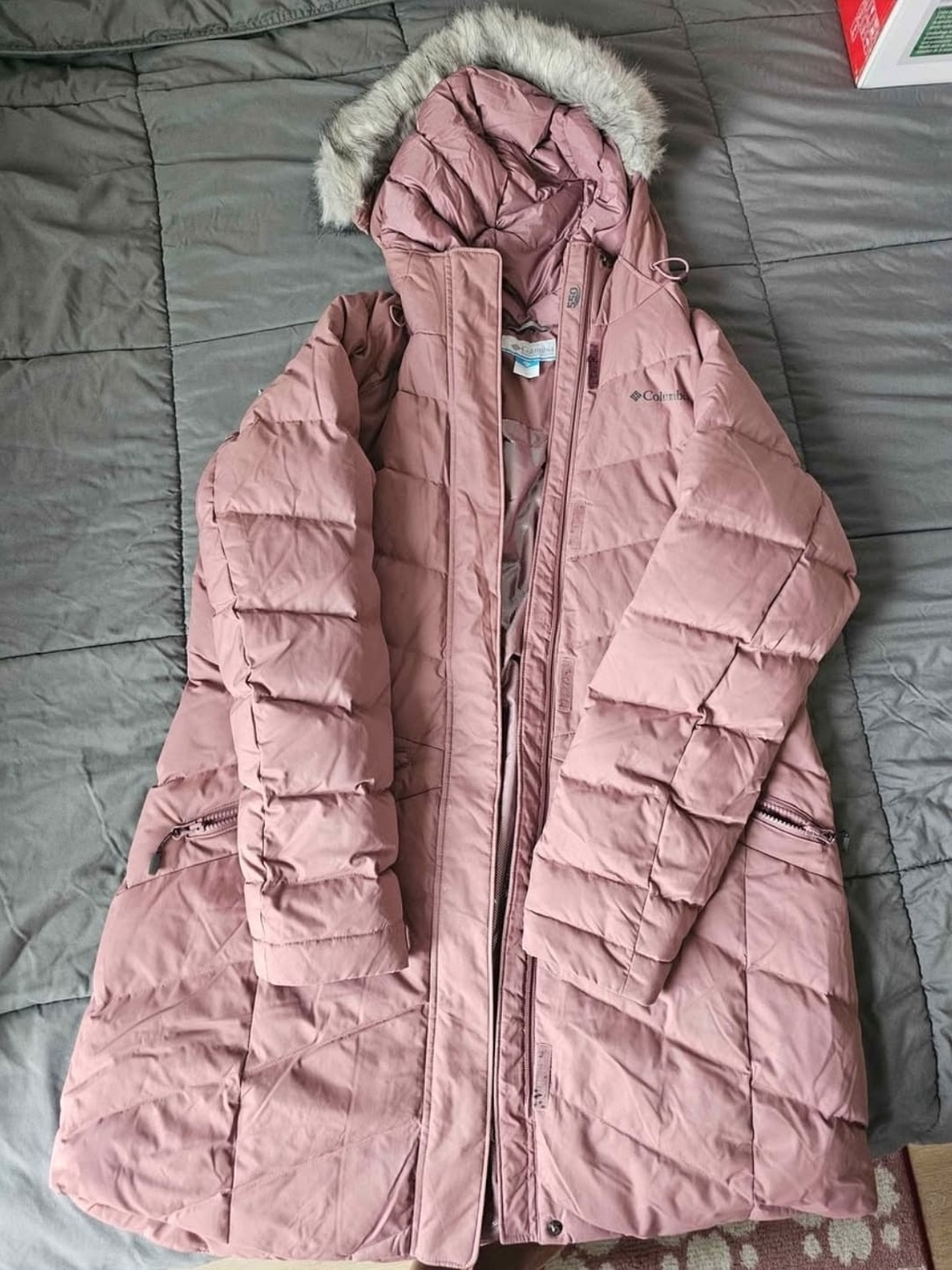 Columbia Women's Mauve Long Quilted Puffer with Faux Fur Hood